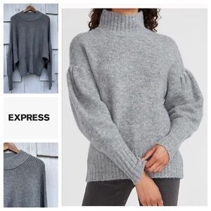 Express Mock Neck Puff‎ Sleeve Ribbed Knit Sweater Gray XL